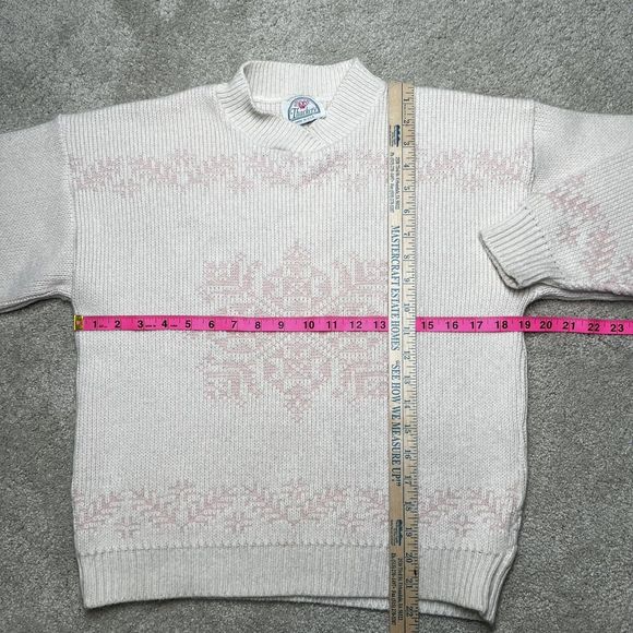 Vintage Thackery Knit Nordic Snowflake Sweater Cream Pink Pullover Sz Medium - Picture 7 of 10